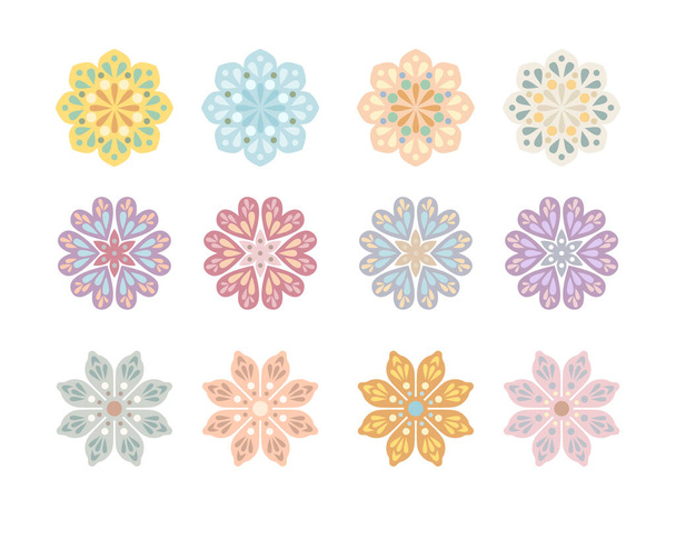 Set of floral decorative motifs. Collection of stylized flowers of different colors. Vector flat illustration. - Vecteur, image