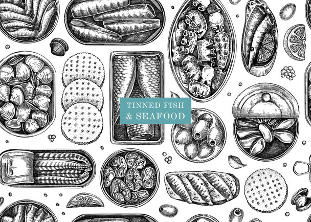 Seafood background. Hand-drawn tinned fish seamless pattern. Sardines, anchovy, mackerel, tuna, mussels in tin cans, fish canapes, olives, crackers vector sketches. For packaging, print, textile - Wektor, obraz