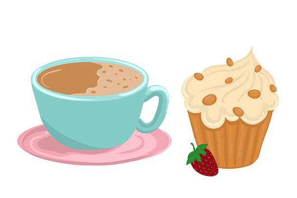 A vector set of an illustration of a tea cup and a piece of pastry with strawberry topping. Vector illustration - Vector, Image