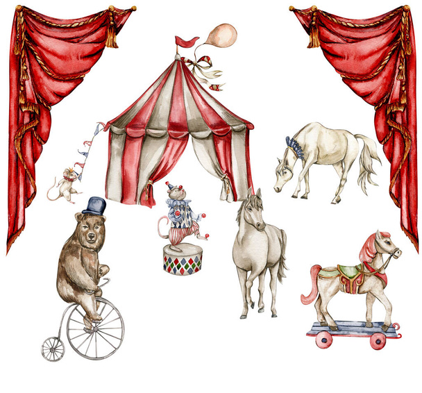 Aquarel circus compositie in vintage stijl. Perfect voor bruiloft, uitnodigingen, blogs, kaart sjablonen, verjaardag en baby kaarten, patronen, citaten. isolator op witte achtergrond.Leuke circusdieren. - Foto, afbeelding