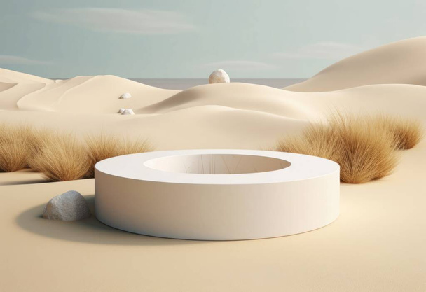 Podium auf Sandgrund. Display mit Sonnenschirm und Schatten auf dem Hintergrund für kosmetische Parfüm-Mode Naturprodukt. Generative KI - Foto, Bild