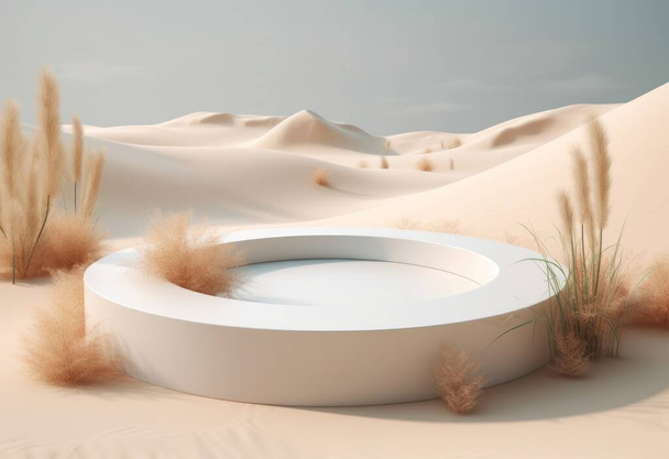 Podium auf Sandgrund. Display mit Sonnenschirm und Schatten auf dem Hintergrund für kosmetische Parfüm-Mode Naturprodukt. Generative KI - Foto, Bild