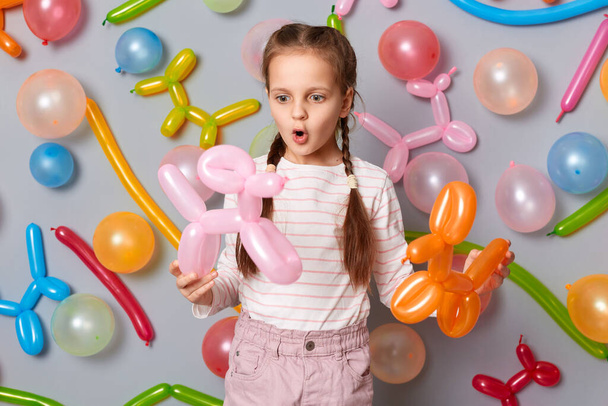 Amazed kid. Surprised festive little girl with braids standing against gray wall holding colorful balloons, looking with big eyes and open mouth, expressing astonishment. - Valokuva, kuva