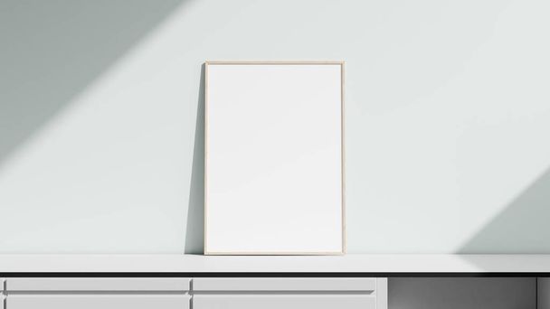 Home-Poster-Attrappe mit dünnem Rahmen auf weißem Wandhintergrund. 3D-Rendering. - Foto, Bild