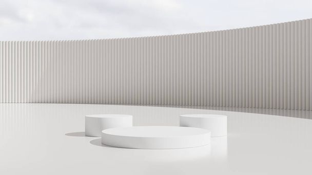 Realistické 3D bílý válec stojí pódium s bílou a modrou oblohou pozadí. Abstraktní studiová místnost s geometrickým designem platformy. Minimální nástěnná scéna pro produkty showcase, Propagační displej. - Fotografie, Obrázek
