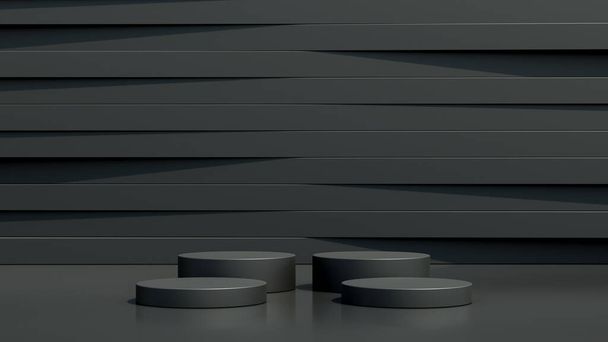 Round black podium in a black empty room with abstract background. Abstract rendering of a 3d shape for the presentation of cosmetic products - Photo, Image