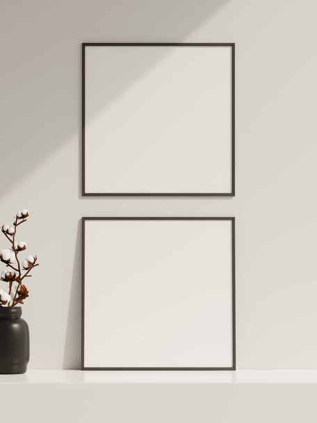 Empty poster frame mockup in sunlight with shadow and vase - Foto, afbeelding