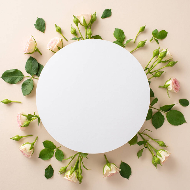 Simple yet elegant, top view flat lay features delicate roses arranged on a soothing beige background with an empty circle for promotional messages or branding - Photo, image