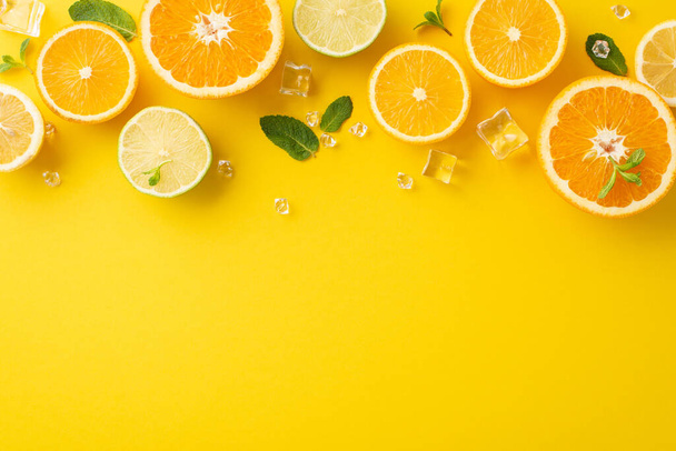 Summer vibes concept. Top view of fresh citrus fruits - orange, lemon, lime, and mint leaves on a yellow background with a blank space for advertising - Photo, Image