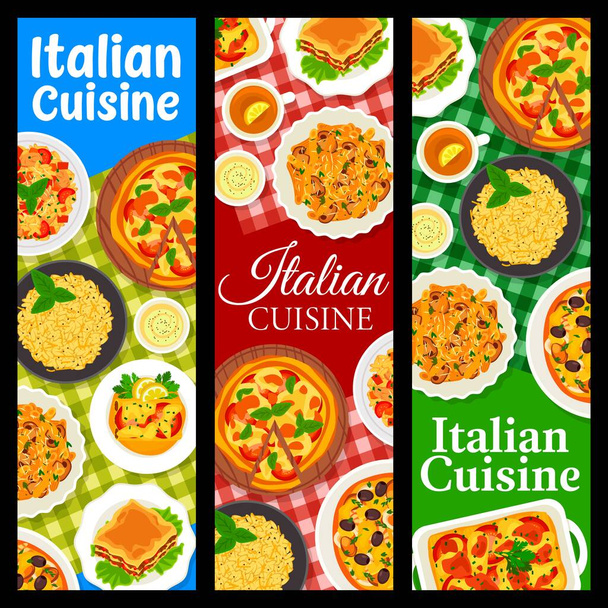 Італійські банери, макарони, піца і різотто, італійські страви і страви, вектор. Італійська кухня Традиційна їжа з меню обіду з рандом, лазанья з Маргаритою і марінарою макарони і різотто - Вектор, зображення