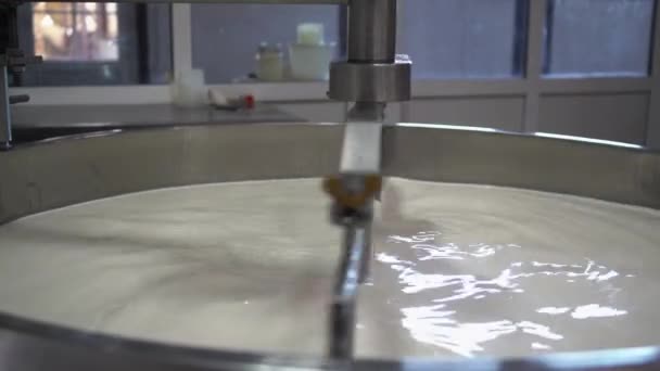 Kochmilch in einem Edelstahltank für die Käseproduktion. Nahsicht. - Filmmaterial, Video