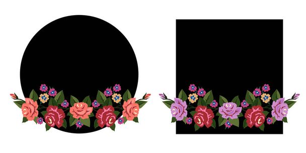Bouquet vectoriel de fleurs avec cadres noirs sur fond blanc. Rouge, violet, rose et vert. Élément de design graphique floral. Travail de fantaisie ukrainien. - Vecteur, image