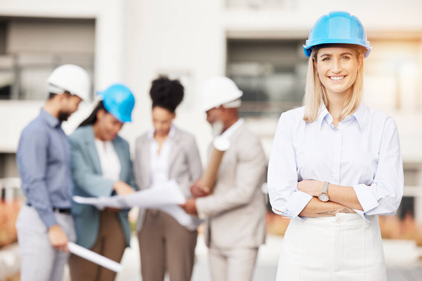 Architecture, engineer and portrait of woman with smile for building, construction site and planning with team. Engineering, leader and female contractor for maintenance, inspection and development. - Photo, Image