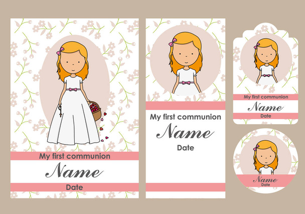 First communion card, bookmark, label and sticker set for girl - Vector, Image