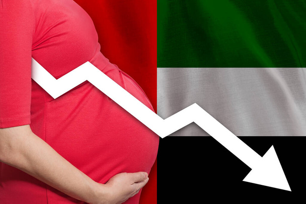 Закріпіть вагітну жінку на тлі прапора ОАЕ. Рівень народжуваності в Об "єднаних Арабських Еміратах - Фото, зображення