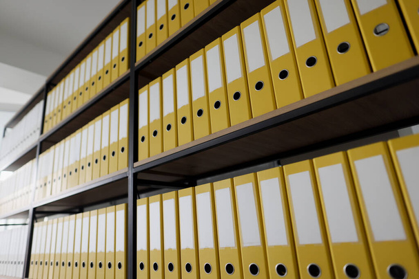 Keltainen rengas sideaineita tiedostoja ja asiakirjoja laittaa pitkiä rivejä hyllyillä. Järjestetty kansiorakenne ja arkisto suuri teline modernissa toimistossa - Valokuva, kuva