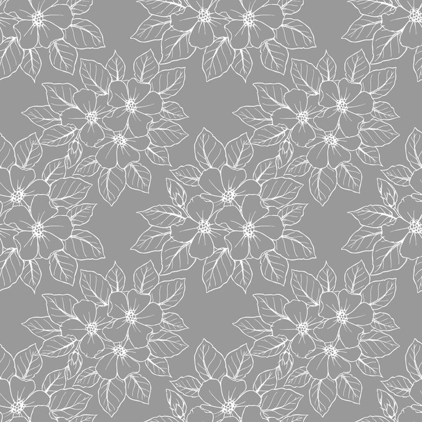 безшовний контурний візерунок великих білих квітів на сірому фоні, текстура, дизайн
 - Вектор, зображення