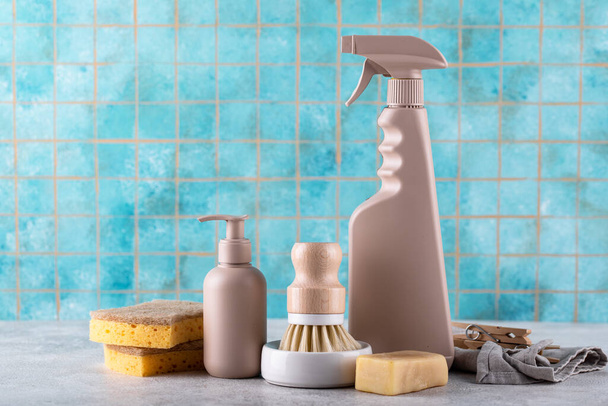 Eco cleaning with bottles, brushes and sponges, zero waste sustainable concept - Photo, Image