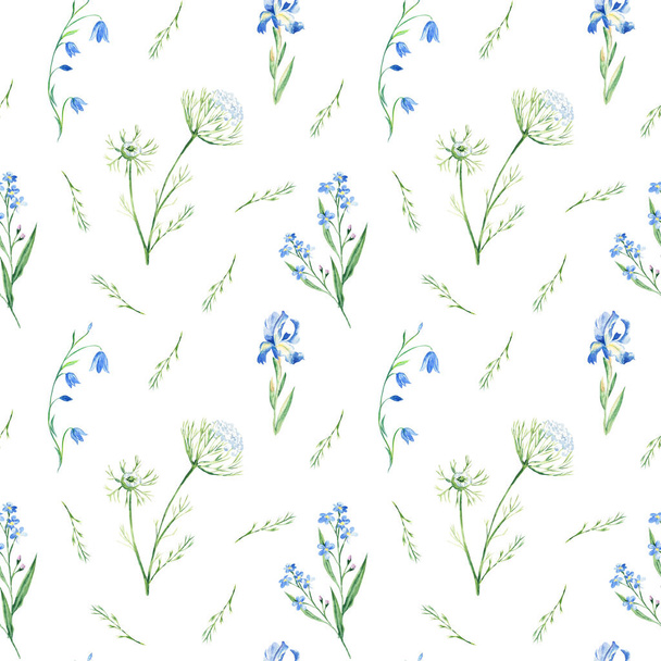 Seamless watercolor pattern with bluebell, forget-me-not, iris, Queen Annes lace on white background. Can be used for fabric prints, gift wrapping paper, kitchen textile - Foto, Imagem