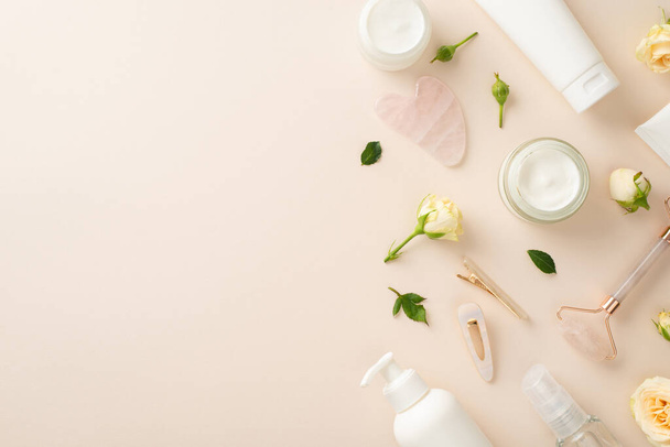 Elevate your branding game with this gorgeous skin care top view flat lay, complete with cream bottles, rose petals, and an empty heart on a calming pastel beige backdrop - Photo, Image