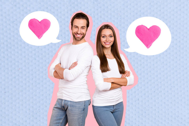 Billboard advertisement dating website matches partners collage of girlfriend boyfriend folded arms enamored isolated on blue background. - Photo, Image