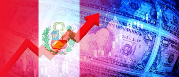 Peru flag, dollar bills, stock market chart, rising red arrow and financial data. Employment, interest, inflation, recession and financial concept background image - Photo, Image