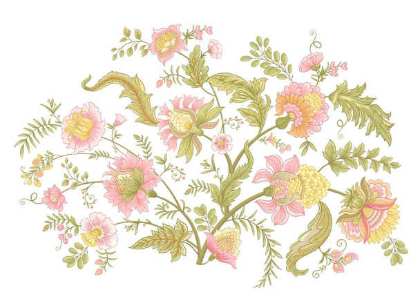 Fantasy flowers in retro, vintage, jacobean embroidery style. Clip art, set of elements for design Vector illustration. - Vetor, Imagem