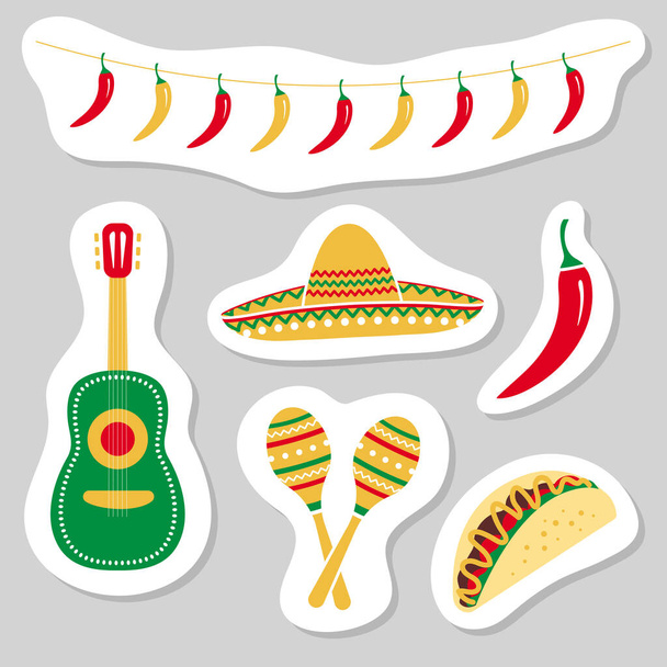 cinco de mayo matrica készlet, mexikói kultúra ikonok, chili koszorú, gitár, sombrero, maracas, taco, bors színes vektor design elemek - Vektor, kép