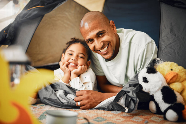 Father, girl and portrait with tent in house for game, toys or happy for bonding, love or playing together. Dad, child and excited face for camping games in family home with happiness on lounge floor. - Photo, image