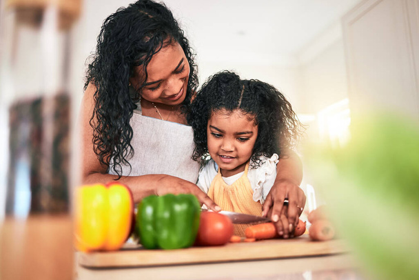 Family, mother and kid cutting vegetables, cooking together and learning chef skill n kitchen. Nutrition, healthy food and organic with woman teaching girl and learn to cook at home with bonding. - Photo, Image