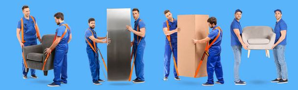 Set of loaders carrying furniture on blue background - Photo, Image