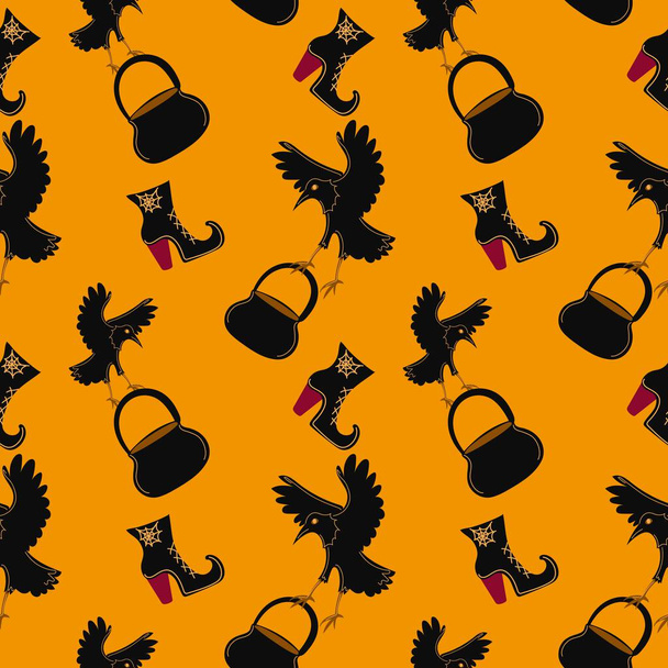 Halloween vector cartoon seamless pattern. raven and witch s cauldron. Background for wallpaper, wrapping, packing, and backdrop. - Vector, afbeelding