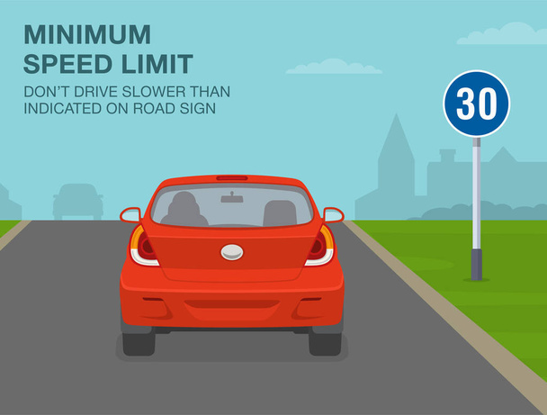 Veilige auto rijden tips en verkeersregels. Minimum snelheid limiet teken betekent. Rijd niet langzamer dan aangegeven op het bord. Achteraanzicht van een rode auto op de weg. template voor vlakke vectorillustraties. - Vector, afbeelding