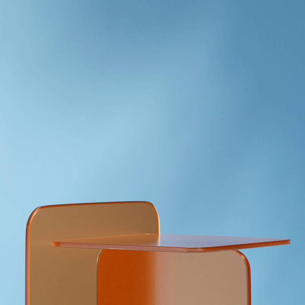 podium en verre transparent orange en fond carré bleu mur, modèle de scène image rendu 3d - Photo, image