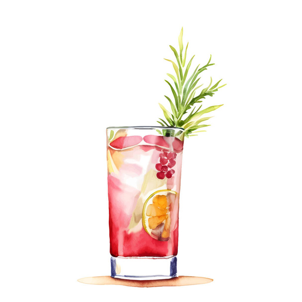 Czerwony koktajl akwarelowy. Letni orzeźwiający napój alkoholowy z grejpfrutem, lodem i rozmarynem. Ilustracja wektora - Wektor, obraz
