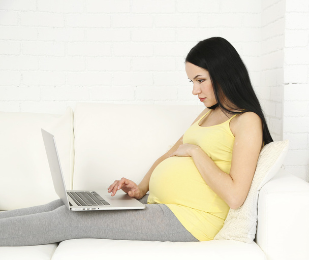 Young pregnant woman relaxing on sofa with laptop on home interior background - Foto, Bild