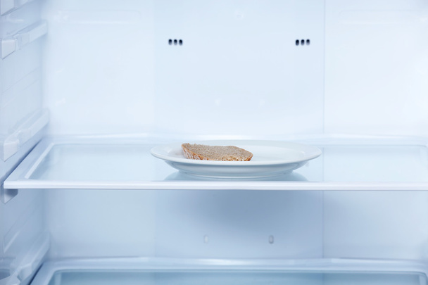 Piece of bread on plate in refrigerator - Фото, зображення