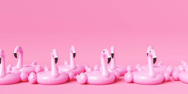 Ilustración colorida de la representación 3D de la abundancia de juguetes inflables en forma de flamencos colocados contra telón de fondo rosado - Foto, imagen