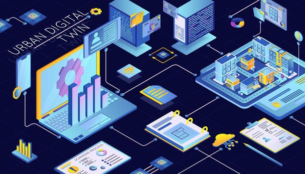Urban digital twin technology process of creating city model isometric background 3d vector illustration - Vettoriali, immagini