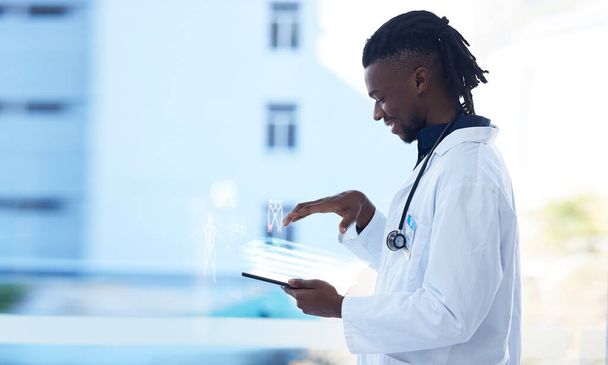 Technology, doctor and mockup, tablet with hologram for futuristic or virtual medical information in hospital. Black man, health care in Africa and cyber consultation for data on health and happiness. - Photo, Image
