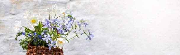 Kwiaty Bukiet Anemonoides nemorosa, Phlox divaricata, Whetzel zielsko w Wisker Basket. - Zdjęcie, obraz