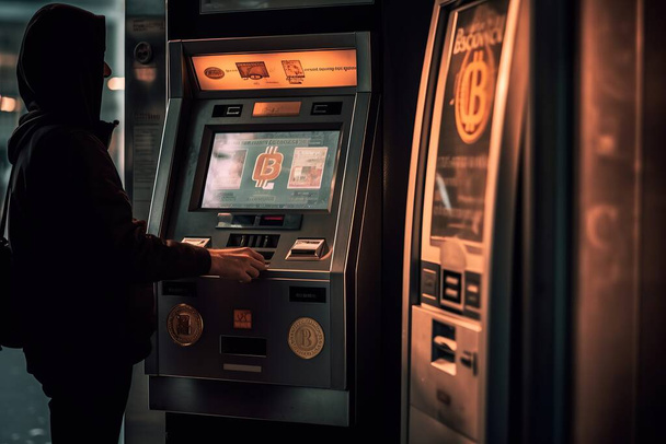 Vista lateral de una persona irreconocible con máscara protectora parada cerca de la máquina expendedora de billetes de metro - Foto, Imagen