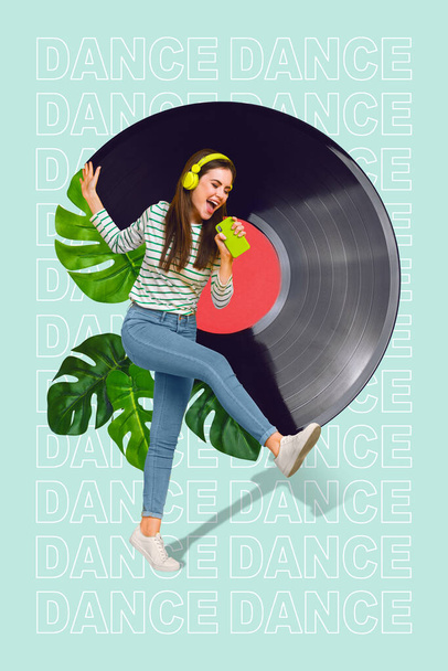 3d retro abstract creative artwork template collage of funny lady singing modern device isolated painting background. - Foto, Imagem