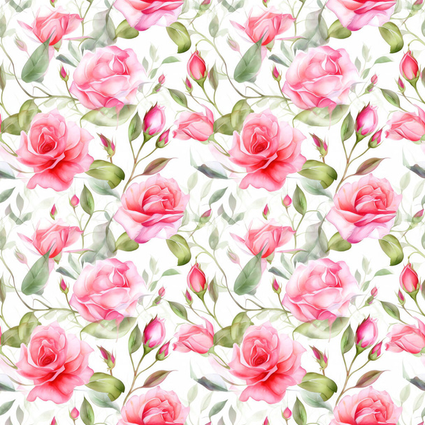 Růže -Bezešvé akvarel vzor květiny - ideální pro obaly, tapety, svatební pozvánky, romantické akce. Květinový tisk, bezešvý design, 300 dpi, 4096x4096 High Resolution - Fotografie, Obrázek
