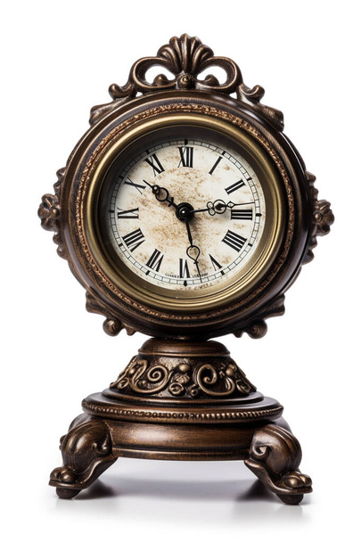 3D illustration of classic vintage table clock isolated on white background. Classic and retro style clock design gives the feeling of having an antique clock. - 写真・画像