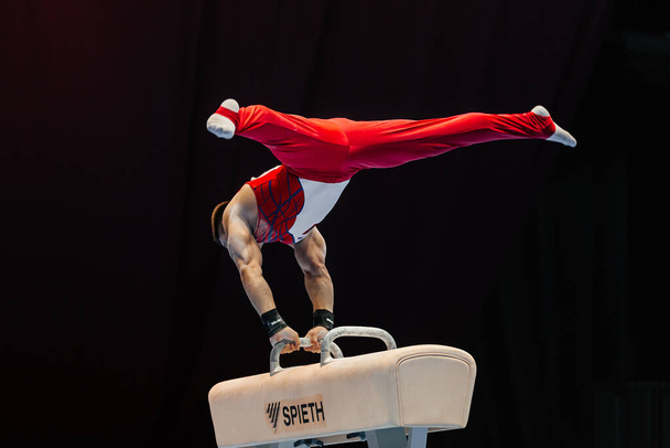 Ejercicio de gimnasta masculina sobre caballo pomo en gimnasia artística. empresa de aparatos Spieth Alemania - Foto, imagen