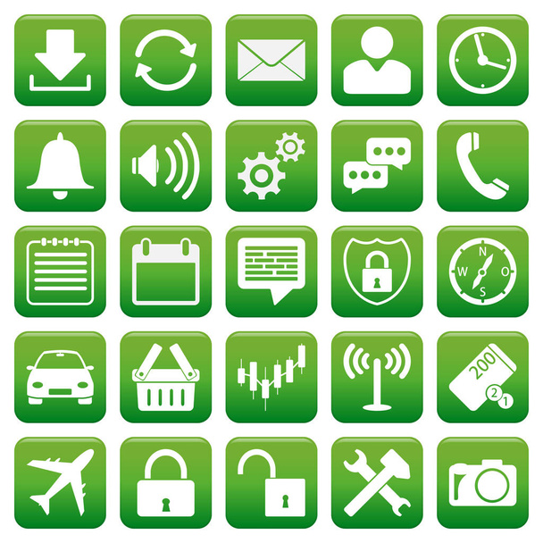 Ilustración de 25 iconos planos simples en verde. - Foto, imagen