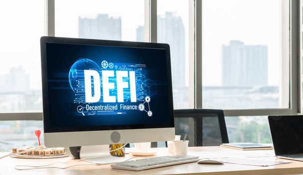 Dezentrale Finanzierung oder DeFi-Konzept auf einem modernen Computerbildschirm. Das defi-System bietet neue Investitions- und Sparmöglichkeiten . - Foto, Bild