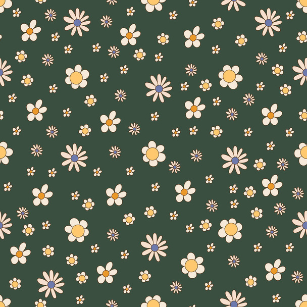 Vintage seamless pattern with white flowers daisies background. Floral pattern for fashion, design prints, textile, fabric. Vector illustration in cartoon hand drawn style - Vektori, kuva