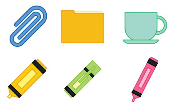 Zestaw różnych kolorowych materiałów biurowych ikon Ilustracja wektora - Wektor, obraz